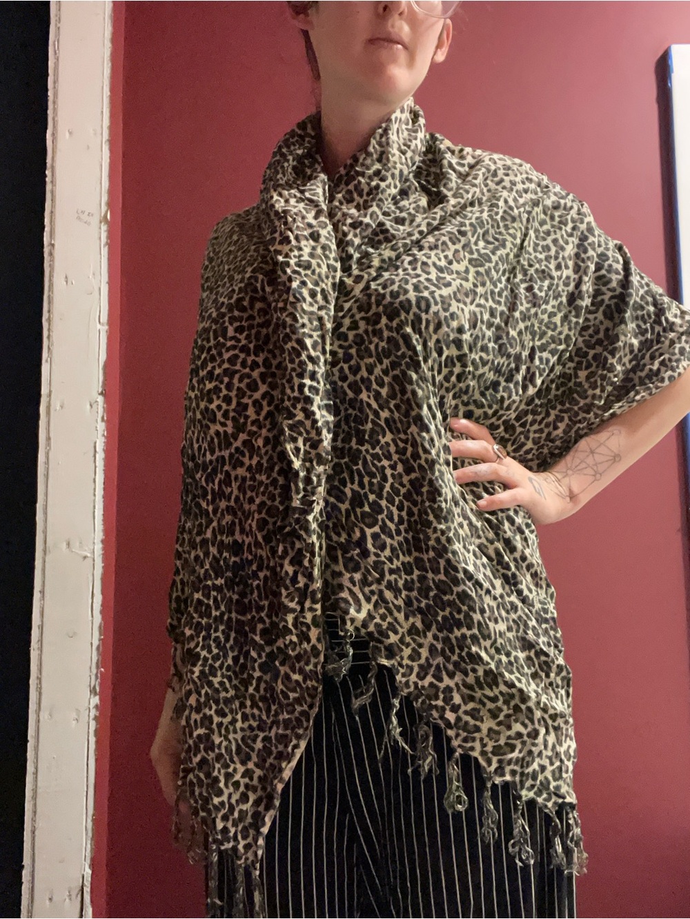 Leopard Print Lightweight Fringe Shawl in Beige and Black